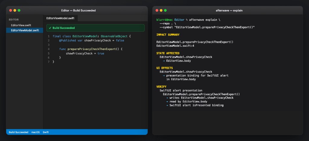 Xcode build succeeded beside the Afterwave impact summary for the same symbol